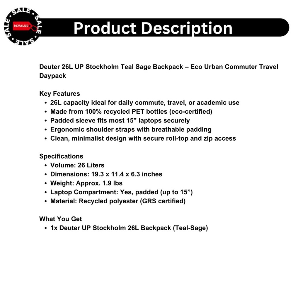 Deuter 26L UP Stockholm Teal Sage Backpack‎ – Eco Urban Commuter Travel Daypack - Picture 2 of 7